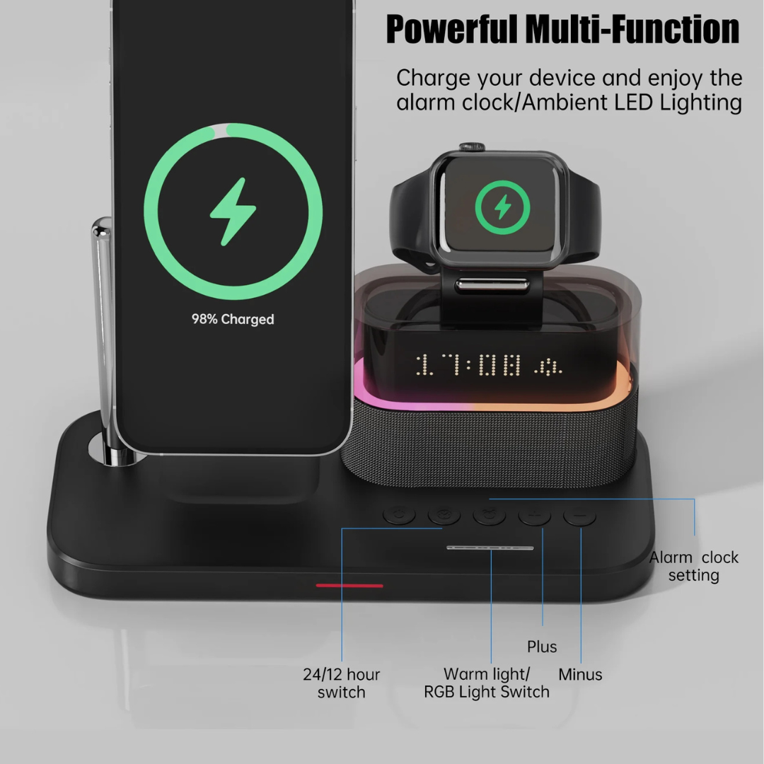 5-in-1 Magnetic Wireless Charging Station with Alarm Clock & Night Light