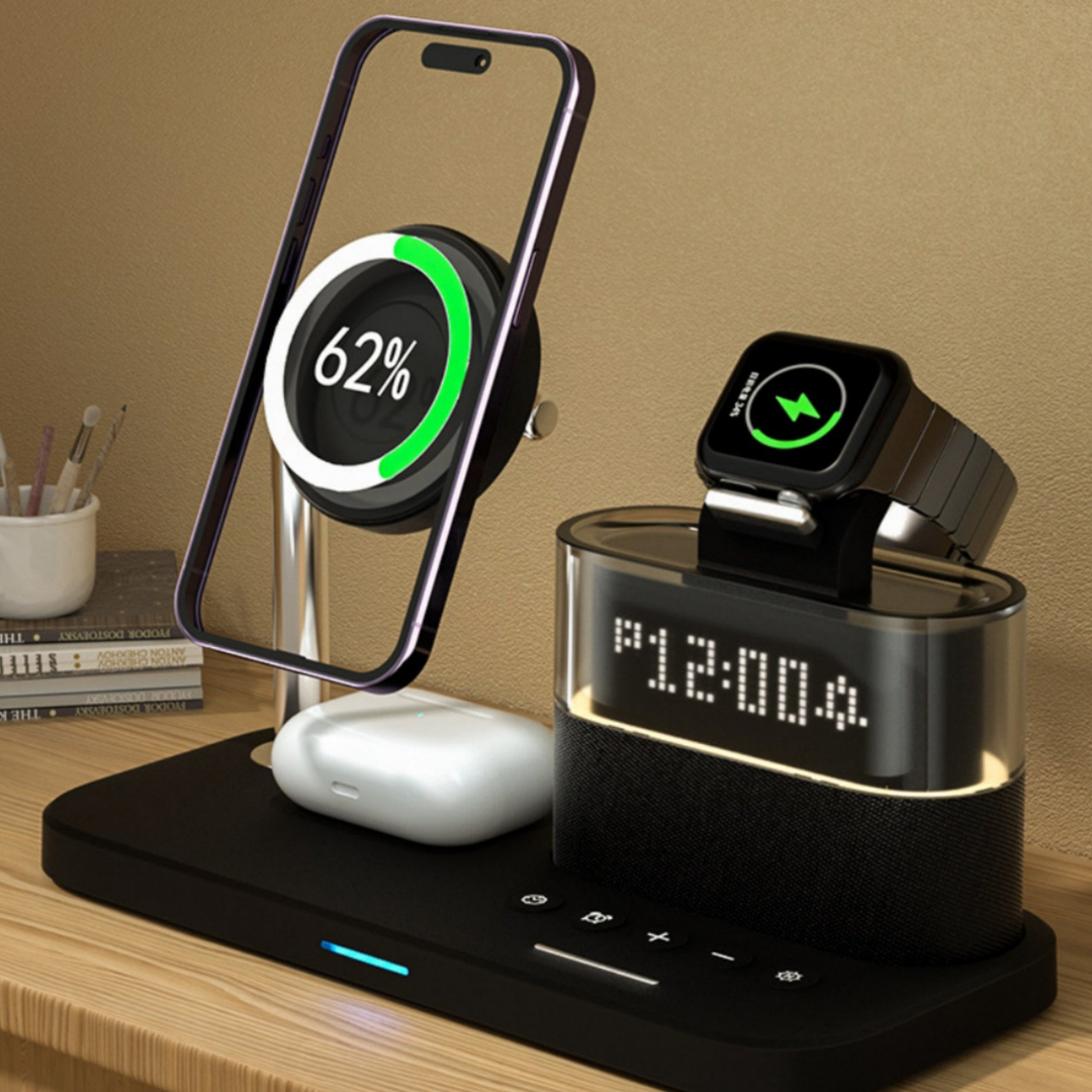 5-in-1 Magnetic Wireless Charging Station with Alarm Clock & Night Light
