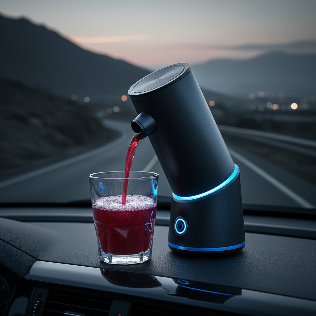 Portable juicer in travel setting with fresh juice pouring, cinematic moody lighting