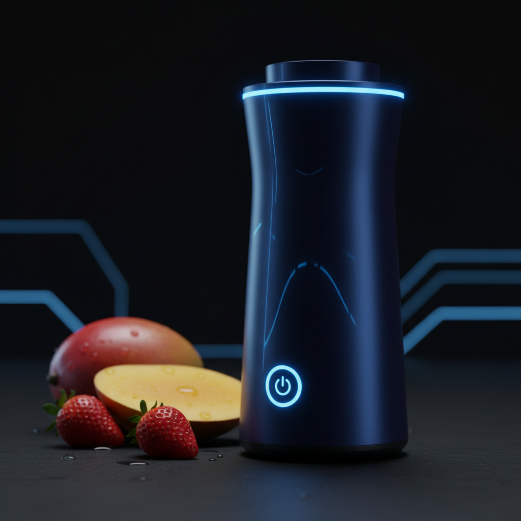 Premium dark navy portable juicer with electric blue accent lighting and tropical fruits