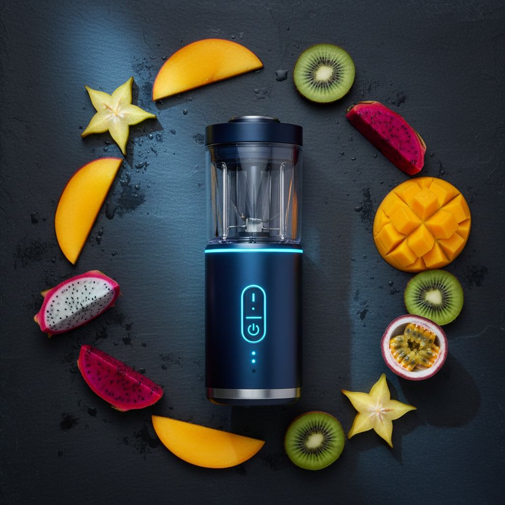 Flat lay of portable juicer with tropical fruits on dark slate surface with electric blue lighting